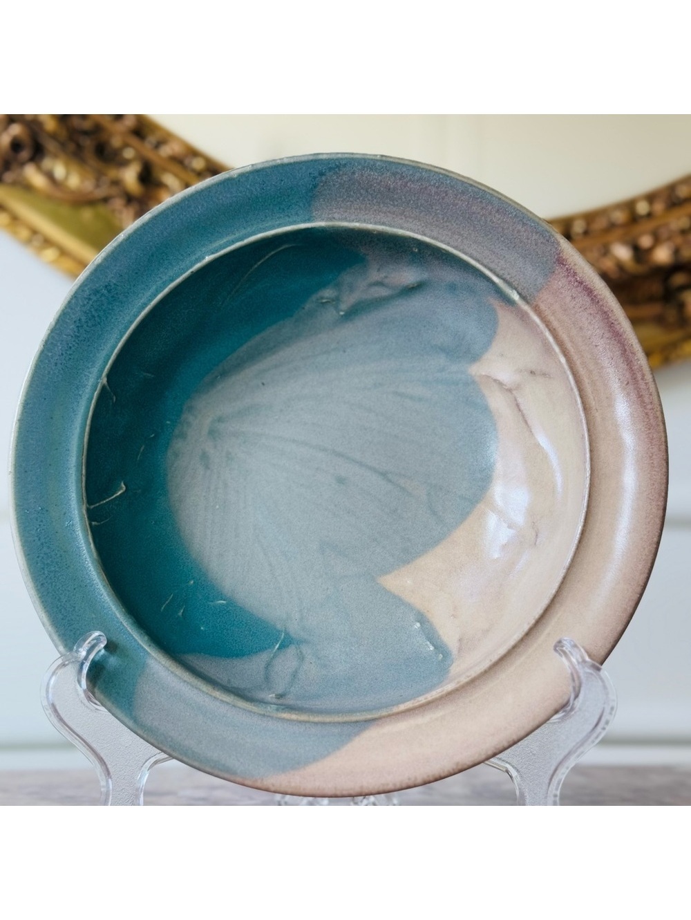 Artisan Ceramic Plate Blue Cream | Handmade Pottery Dish Rustic Decorative Bowl